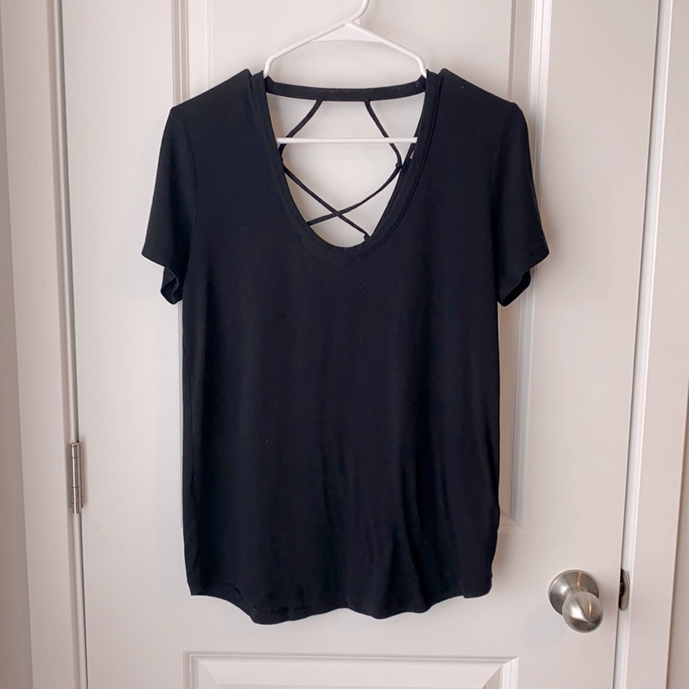 Express One Eleven Black Short Sleeve Tee w/ Caged Scoop Back